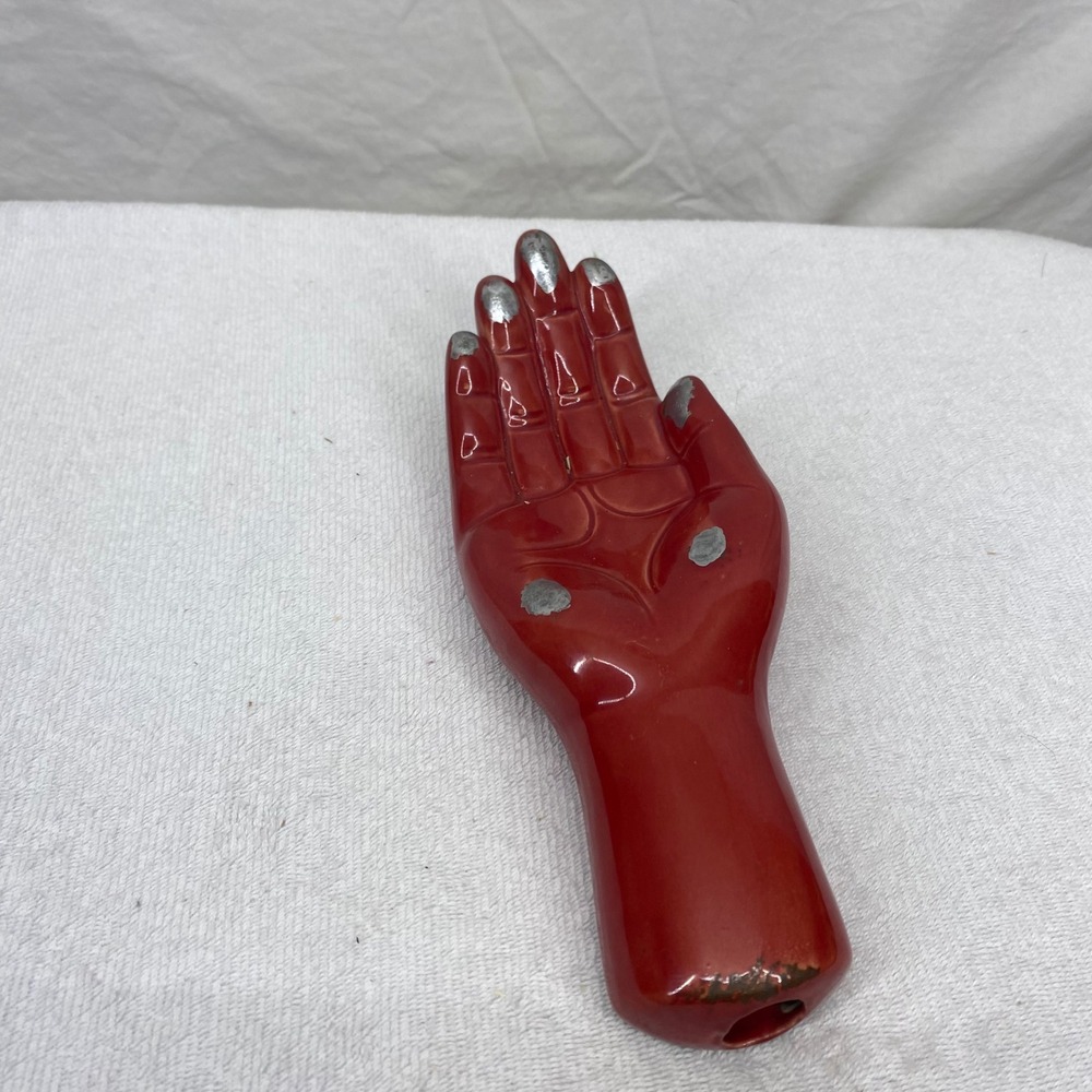 Vintage Red Ceramic Hand Trinket Dish Silver Nails Jewelry Tray Pop Art Decor